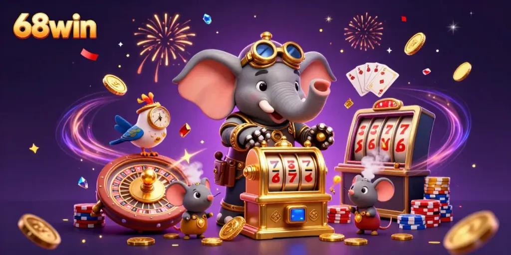 Experience the excitement of 68win with vibrant 3D illustrations of casino games, characters, and festive elements.