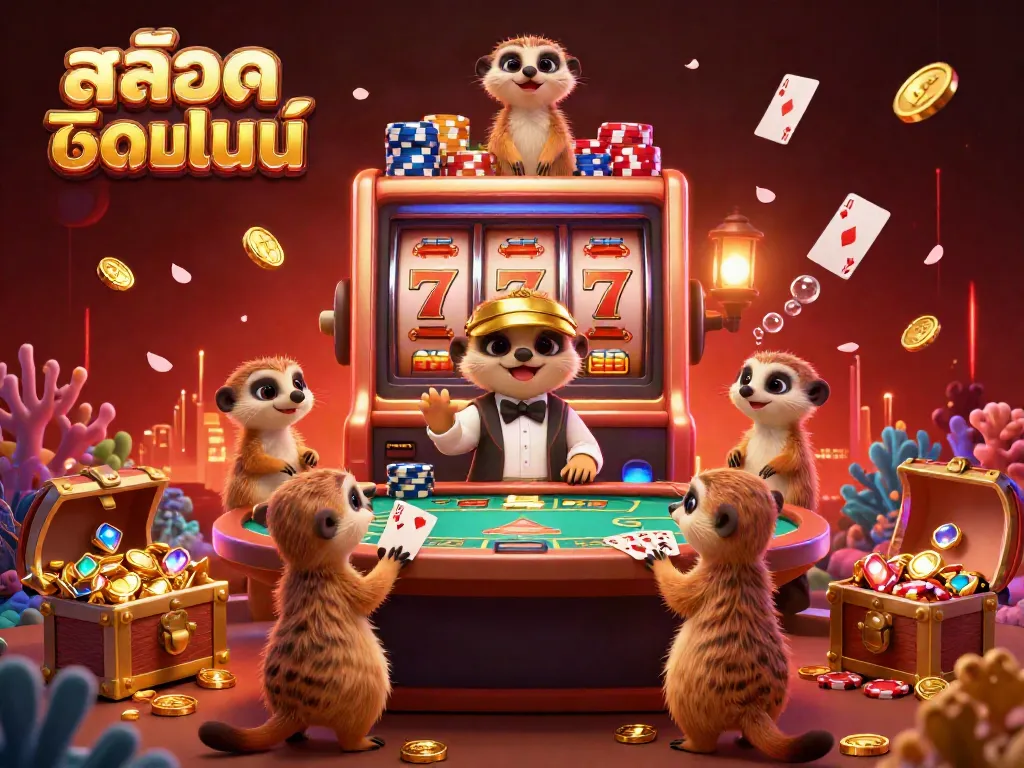 Discover your luck with a vibrant casino scene featuring slot machine gameplay, meerkats, and lively elements, all showcasing สล็อตออนไลน์.