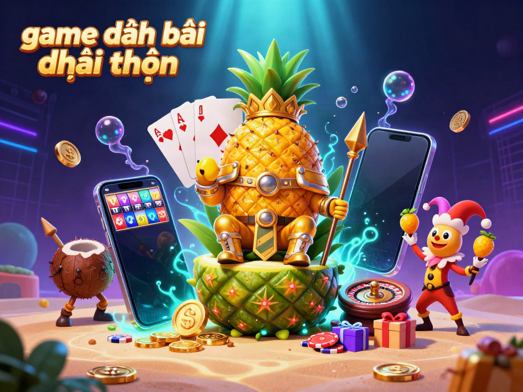 Engage in thrilling game đánh bài đổi thưởng with a golden pineapple king presiding over a vibrant beach casino scene.
