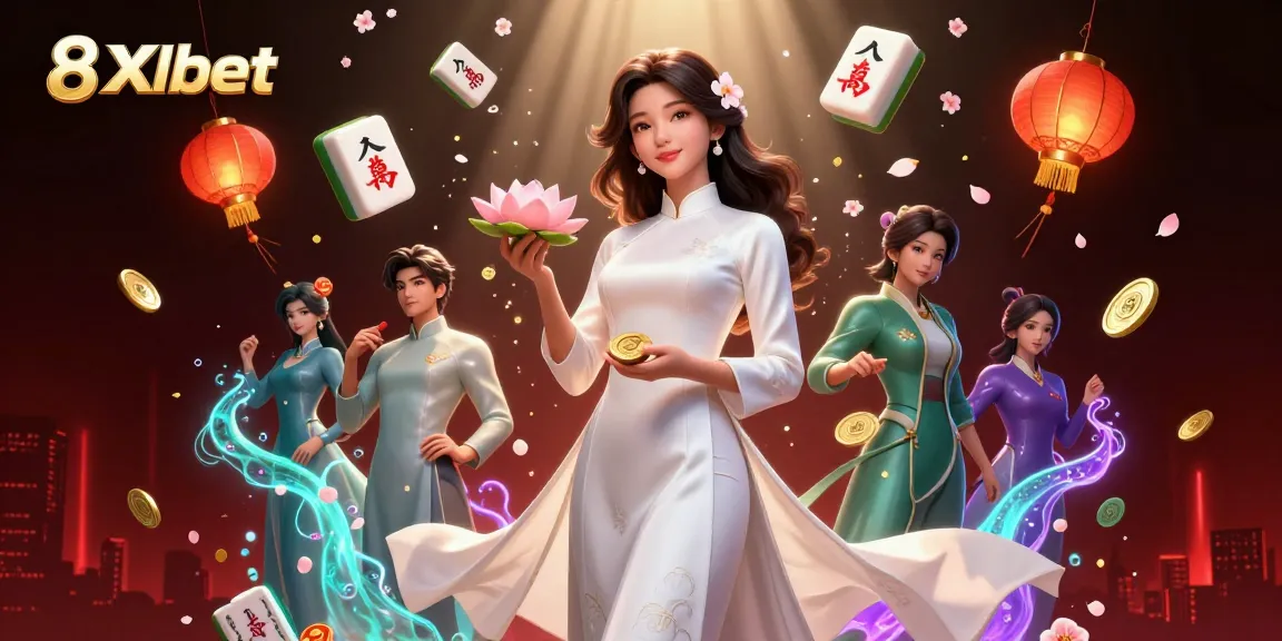 Engage in thrilling gameplay with 8xbet, featuring a graceful woman holding symbols of prosperity in a vibrant casino setting.