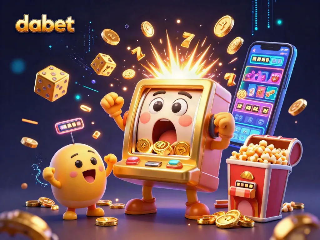 Experience dabet's excitement with a golden slot machine hitting a jackpot, surrounded by cheering characters!