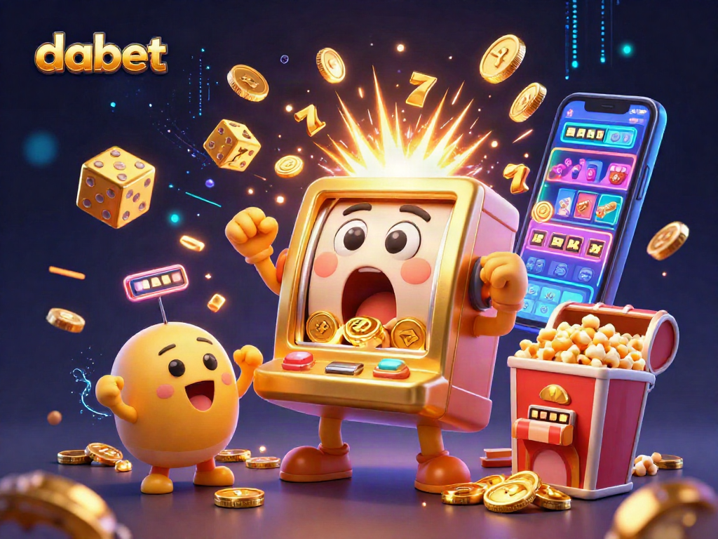 Experience dabet's excitement with a golden slot machine hitting a jackpot, surrounded by cheering characters!
