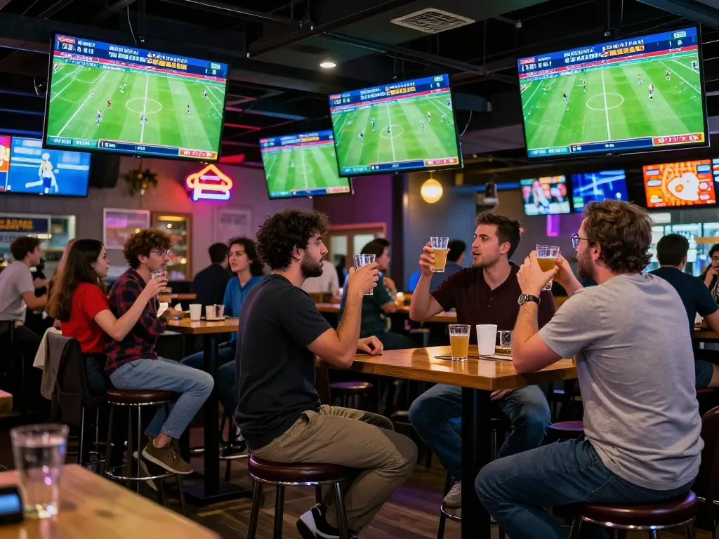 Xoilac users immerse in the excitement of betting at a lively sports bar during a football match.