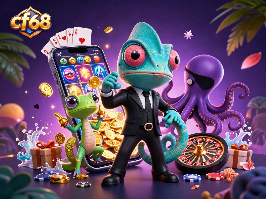 Engage with cf68's vibrant casino world as chameleon, gecko, and octopus immerse in thrilling slot games.