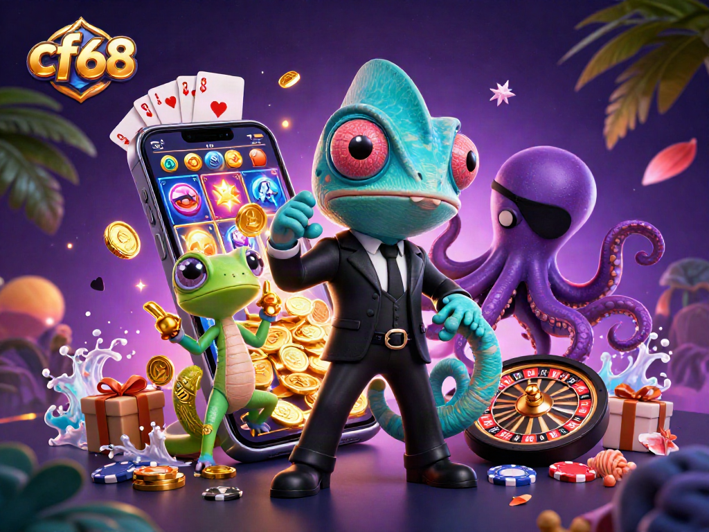 Engage with cf68's vibrant casino world as chameleon, gecko, and octopus immerse in thrilling slot games.