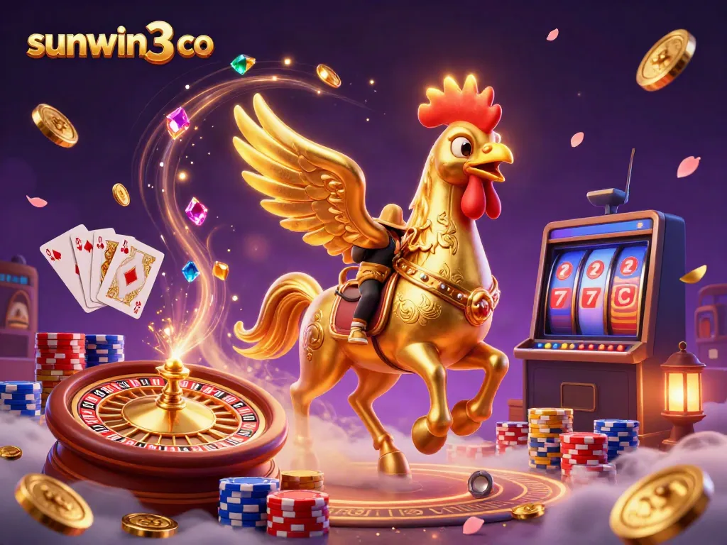 Experience the dynamic world of sunwin3 co with a golden rooster in a lively casino scene full of action.