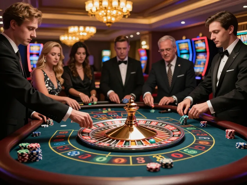 Players at the kp88 roulette table celebrating a thrilling spin, capturing excitement in a luxury casino setting.
