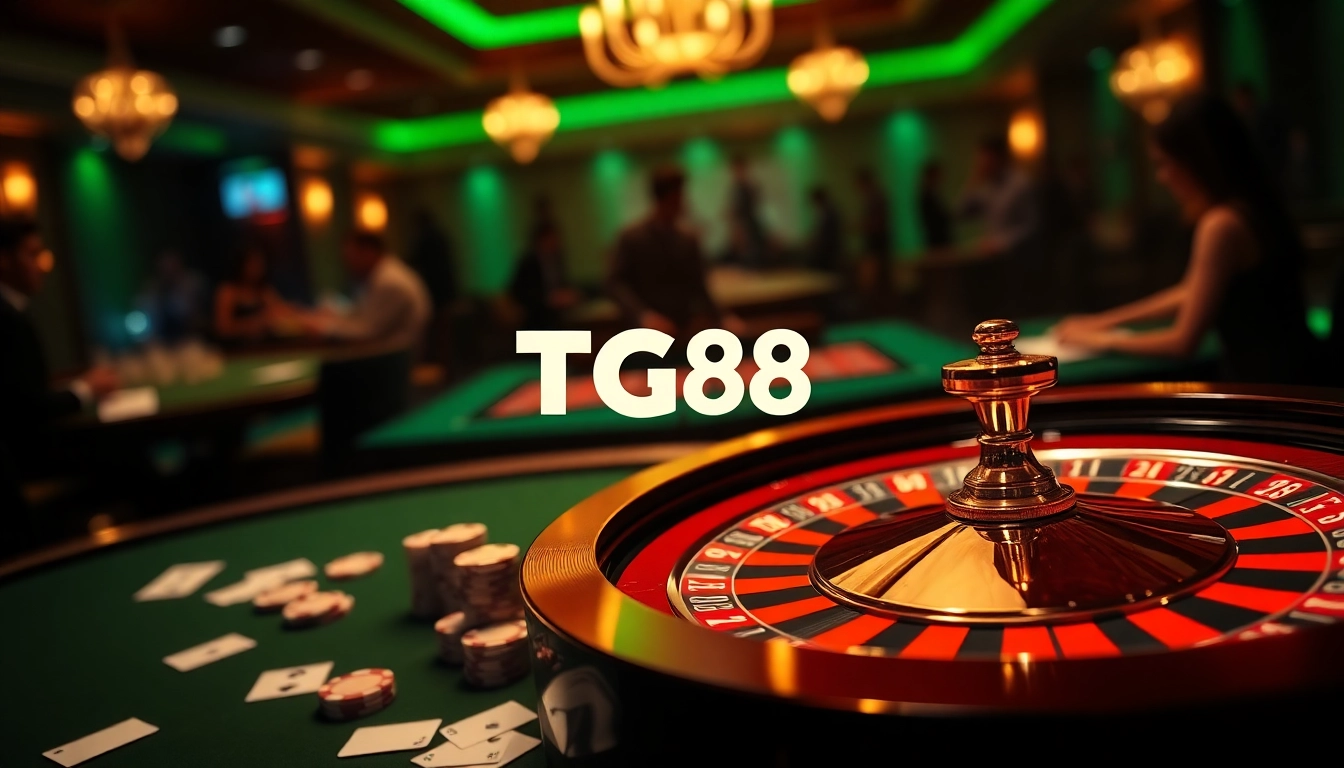 Experience the excitement of TG88 with vibrant casino tables, roulette wheels, and poker chips.