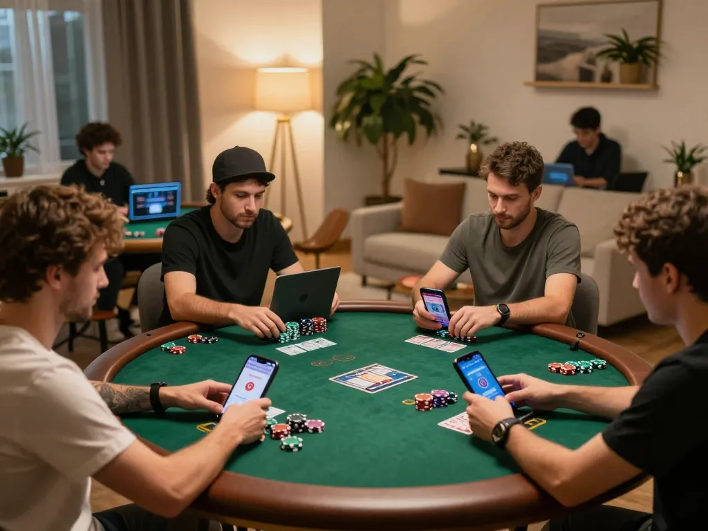 B52club players enjoying a strategic online poker game in a cozy home setting, showcasing dynamic gameplay.