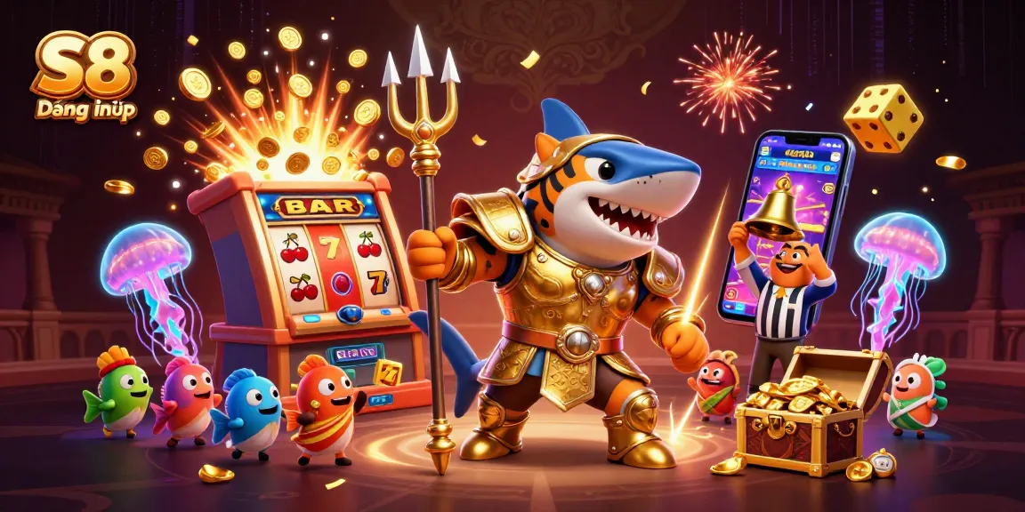S8 Đăng nhập - Dive into vibrant 3D casino excitement with a fierce tiger shark in armor amidst a jackpot explosion.