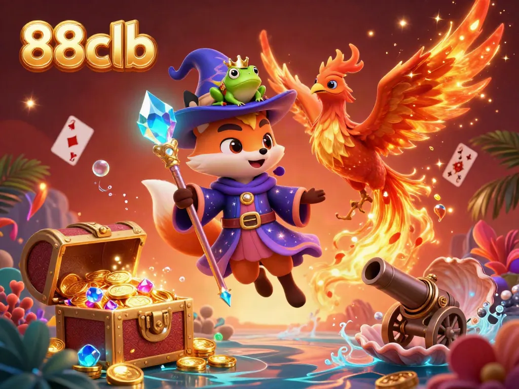 Experience the magic of 88clb with a mystical fox wizard, phoenix, and vibrant casino elements.