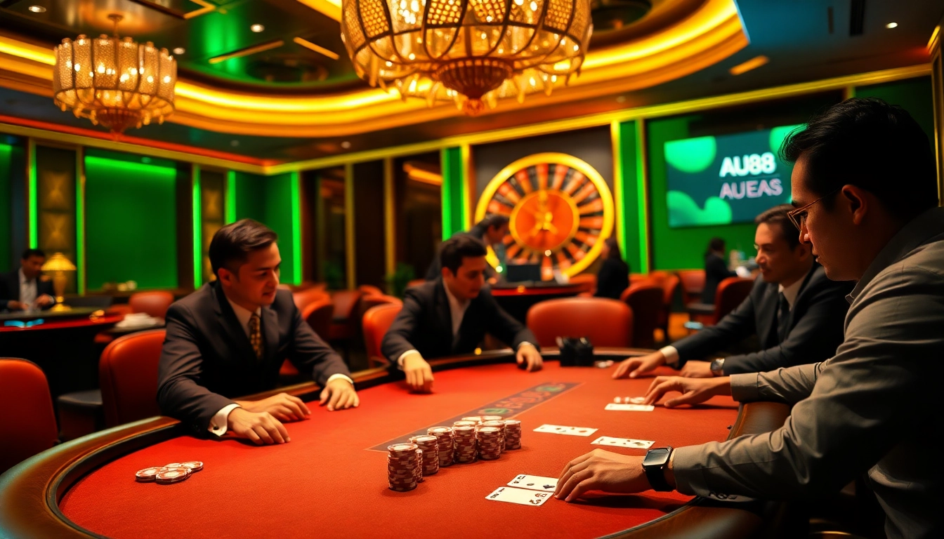 Experience a thrilling poker game atmosphere featuring AU88's luxurious casino elements.