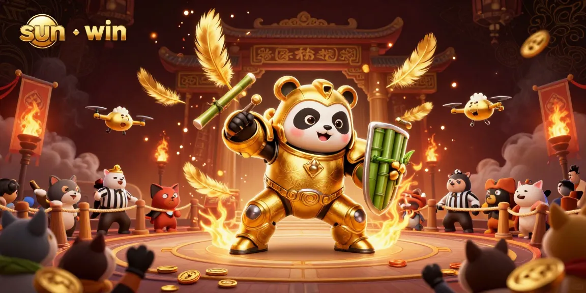 Experience the excitement of sun-win in this vibrant 3D cartoon scene of a mech-suit golden panda battling in an arena.