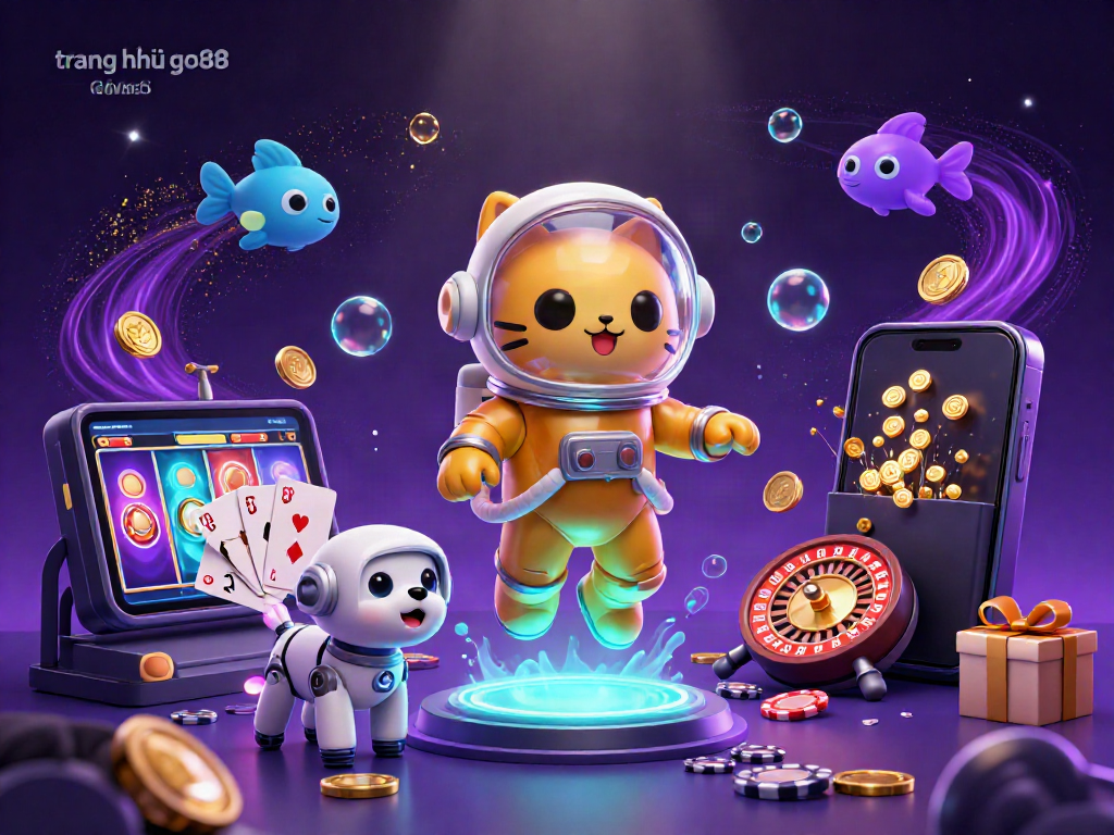 Experience the excitement at trang chủ go88 with a vibrant 3D scene featuring a space cat and dynamic gaming elements.