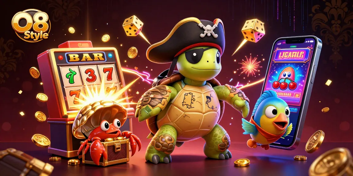 Engage with O8 Style's vibrant casino scene featuring a colorful turtle, crab, and fish amidst thrilling slot action.
