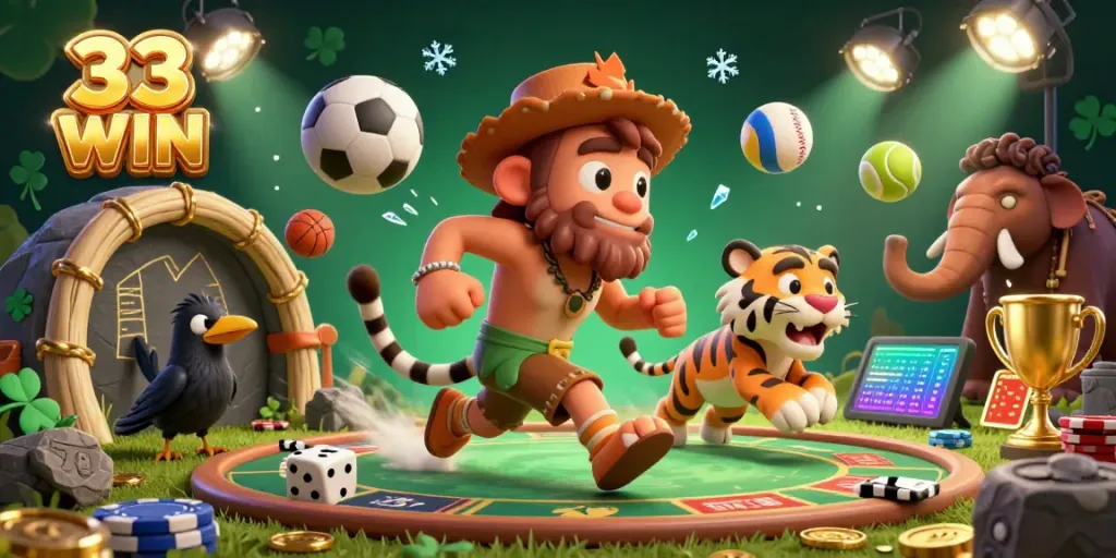 Experience the thrilling world of 33 WIN, featuring caveman characters running a prehistoric casino amidst vibrant sports elements.
