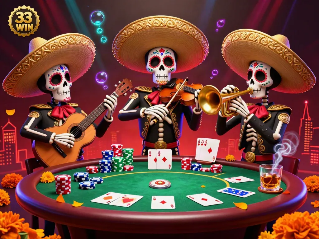 Các thành viên trong ban nhạc mariachi và trò chơi poker tại sòng bạc 33 WIN đầy màu sắc.