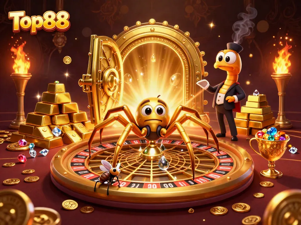 Bet on Top88 with vibrant 3D roulette wheel, golden spider, and a centipede croupier in a rich casino scene.