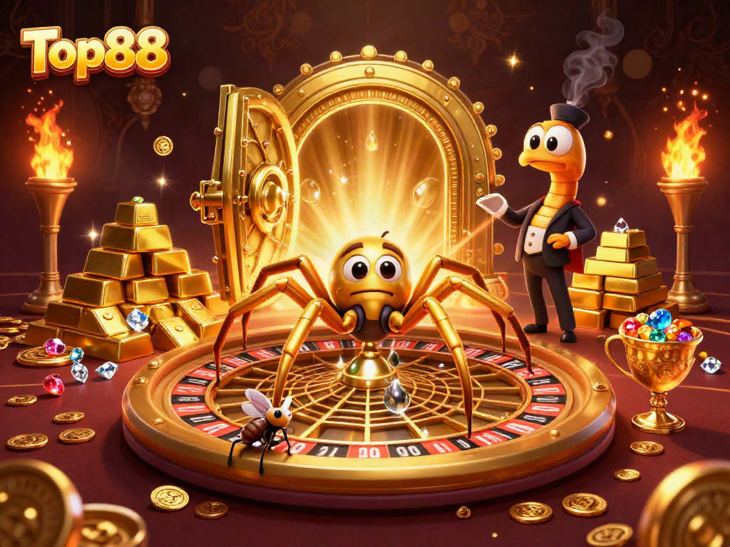 Bet on Top88 with vibrant 3D roulette wheel, golden spider, and a centipede croupier in a rich casino scene.