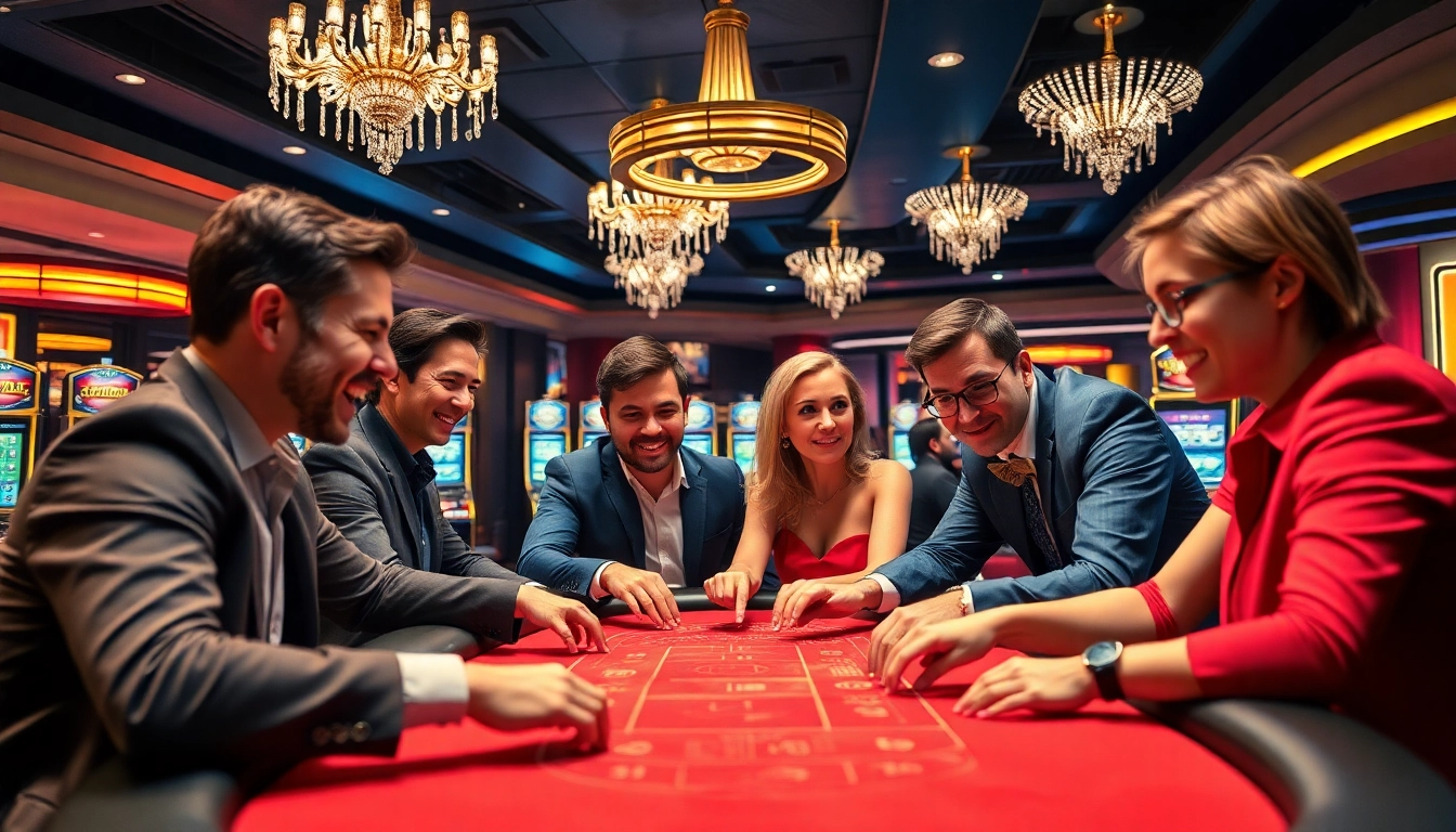 Spieler genießen Casinospiele an einem Tisch in einer eleganten Casino-Umgebung.
