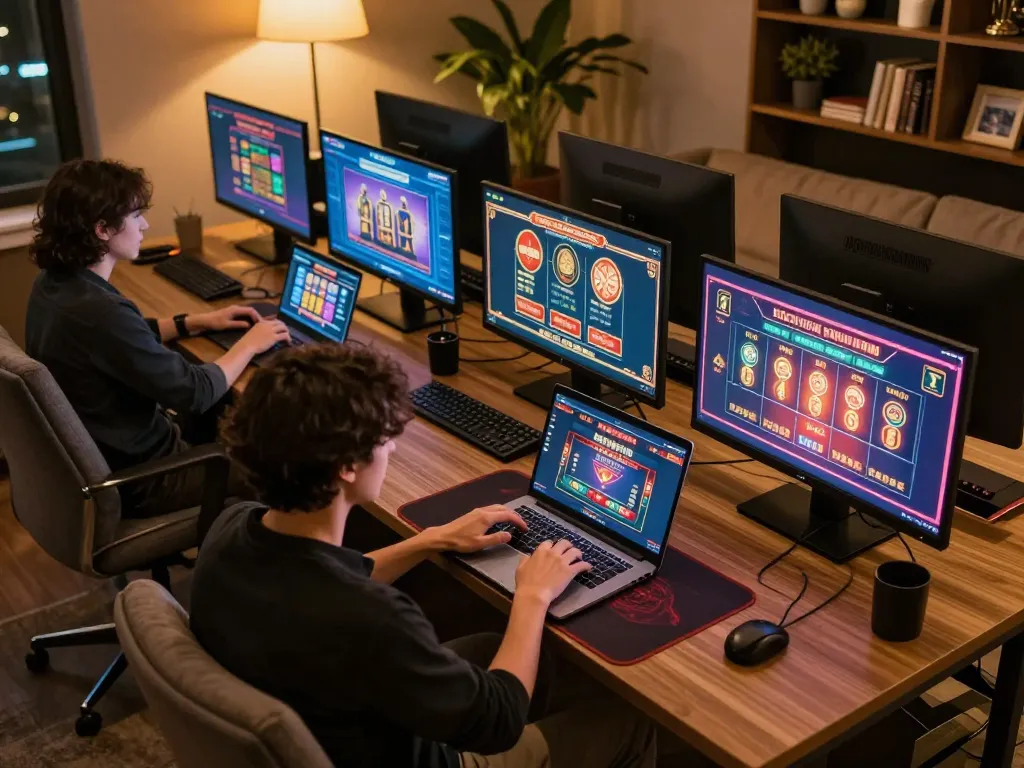 KJC online gaming setup with multiple screens displaying casino games, showcasing responsible gaming atmosphere.