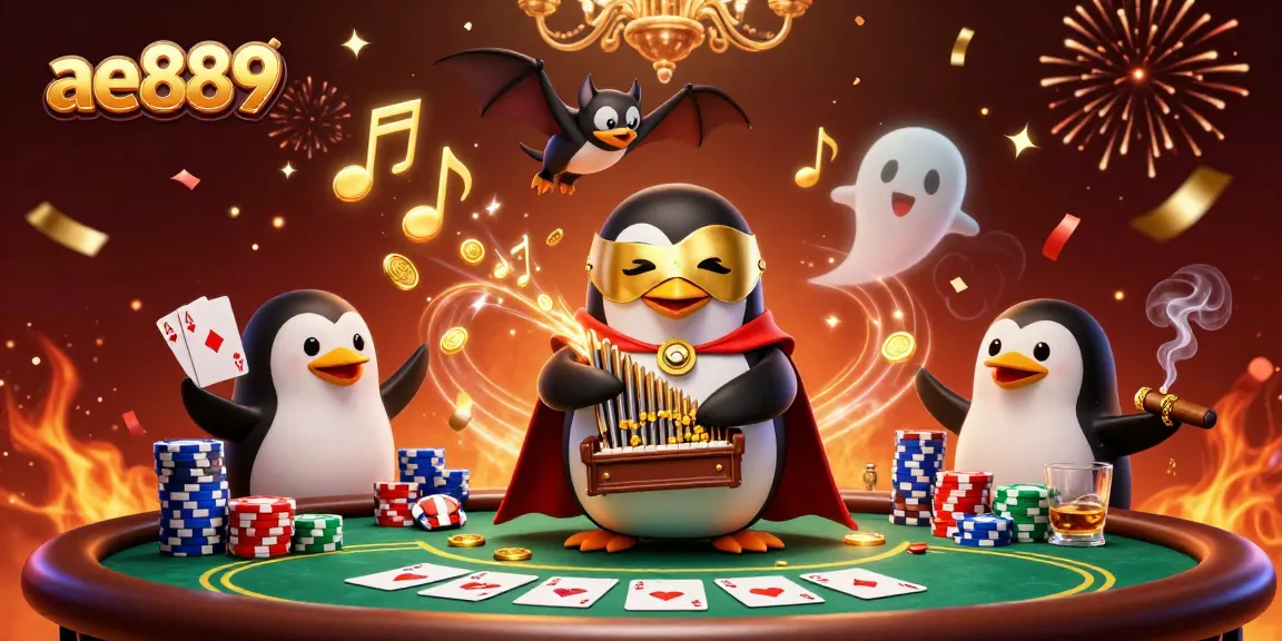 Engage with the dynamic world of ae889 slots as the playful penguin shoots golden coins amidst poker thrill.