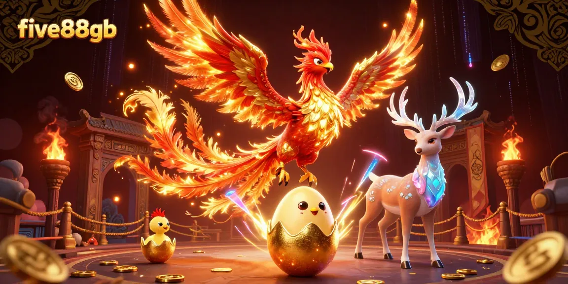 Experience the thrill of five88gb with a dynamic illustration showing a phoenix soaring by a golden egg in a lavish casino atmosphere.