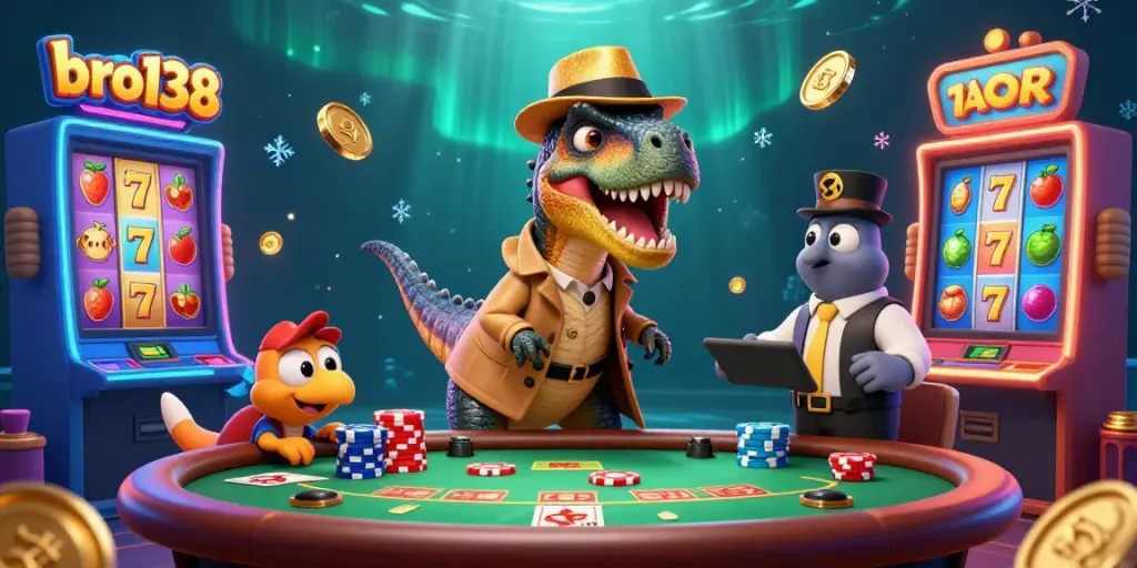 Experience thrilling gameplay with bro138 as animated characters play slots in a vibrant casino scene.