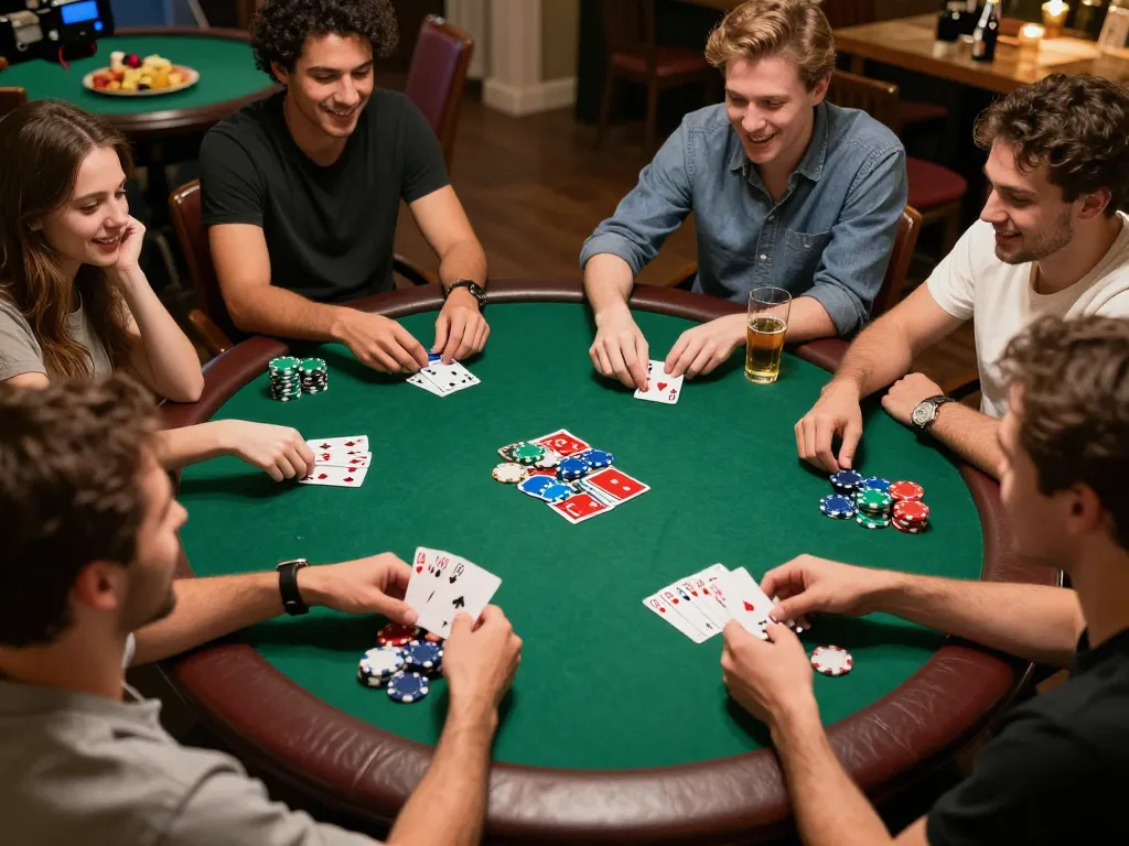 Engaged poker players enjoy a thrilling home game while using lc88app for strategic betting.