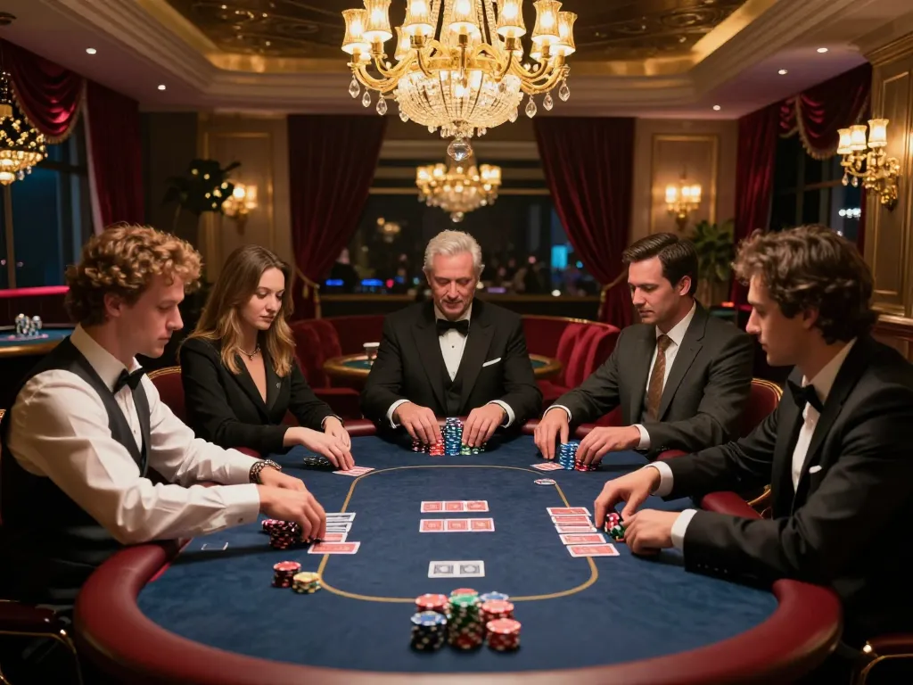 Vipwin VIP gaming area with players in formal attire engaging in intense poker gameplay.