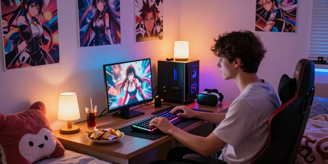 Engaging scene of a gamer enjoying hentai games online in a cozy bedroom with vibrant RGB lighting.