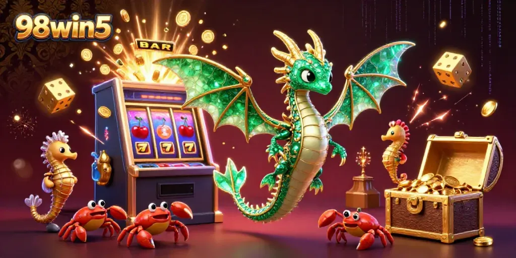 Engage in immersive casino action with 98win5, featuring a vibrant sea dragon, slot machine, and festive visuals.