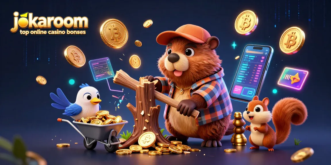 Engaging scene showcasing jokaroom top online casino bonuses with a cartoon beaver and coins raining down.