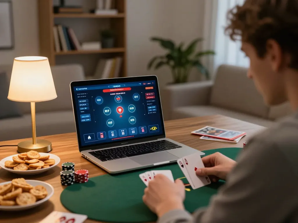 Engaged player strategizing at home online poker game on go88vv platform, highlighting interactive gameplay experience.