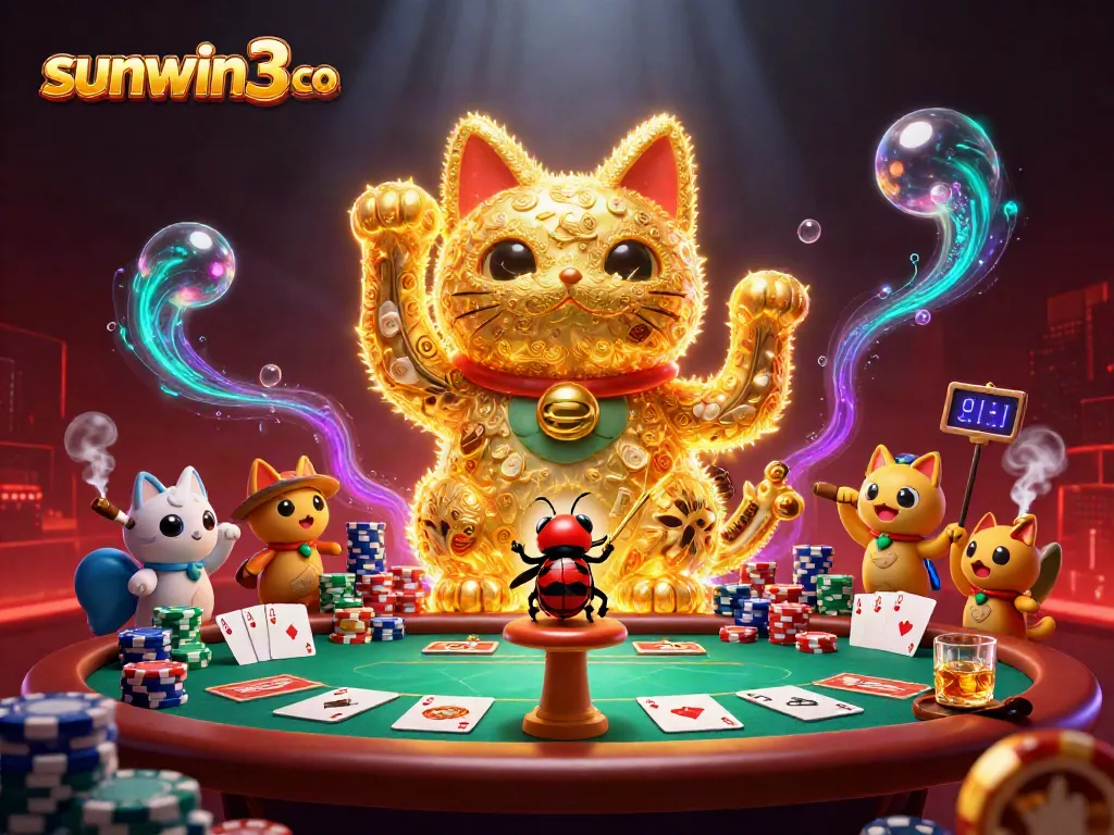 Engage with the vibrant scene showcasing sunwin3 co, where a lucky cat made of golden fireflies interacts with poker elements.