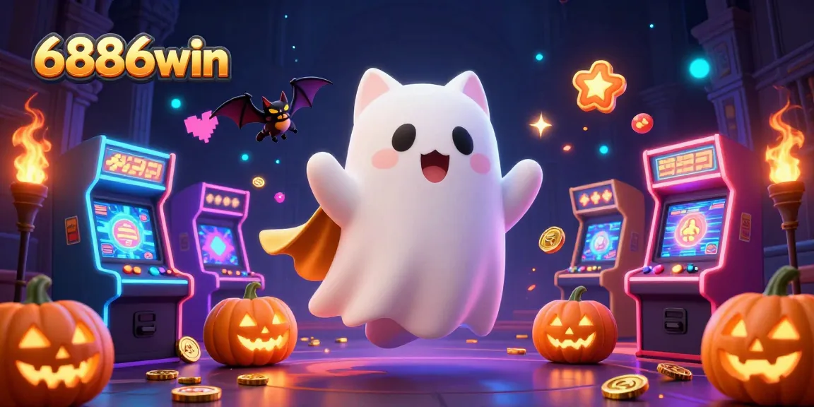 Engage with 6886win's vibrant 3D casino scene featuring a ghost cat and vampire bat, delivering thrilling gaming experiences.