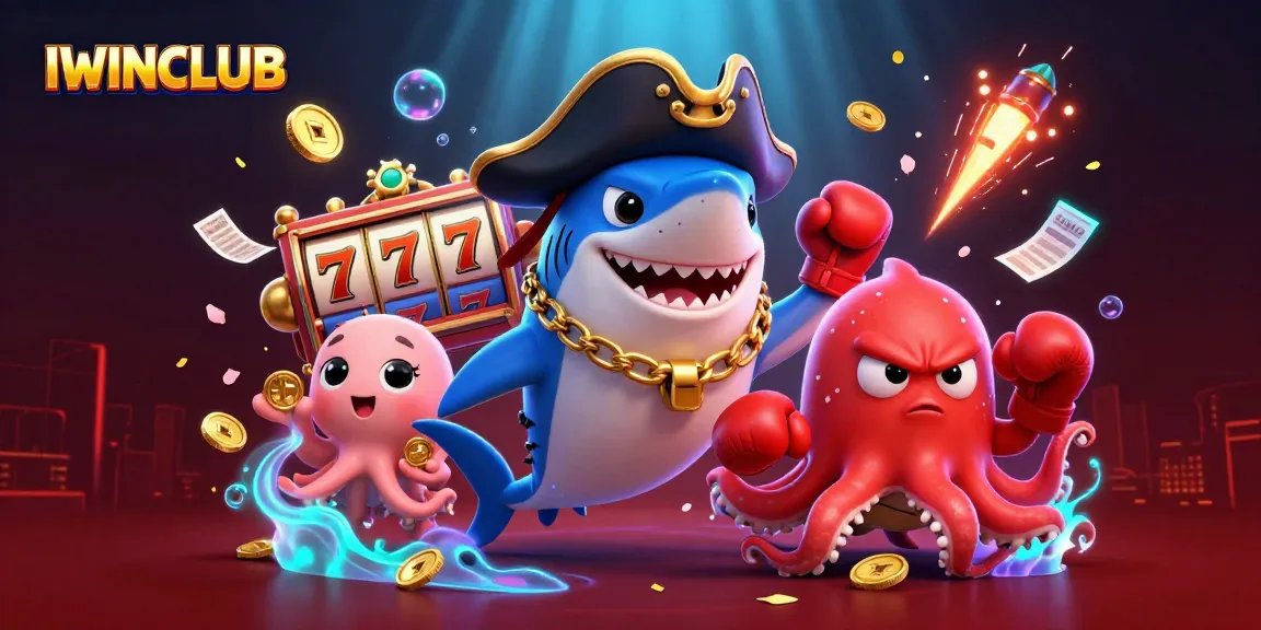 IWINCLUB players enjoy a vibrant casino scene with a shark, pufferfish, and octopus amidst exciting slot machine reels.