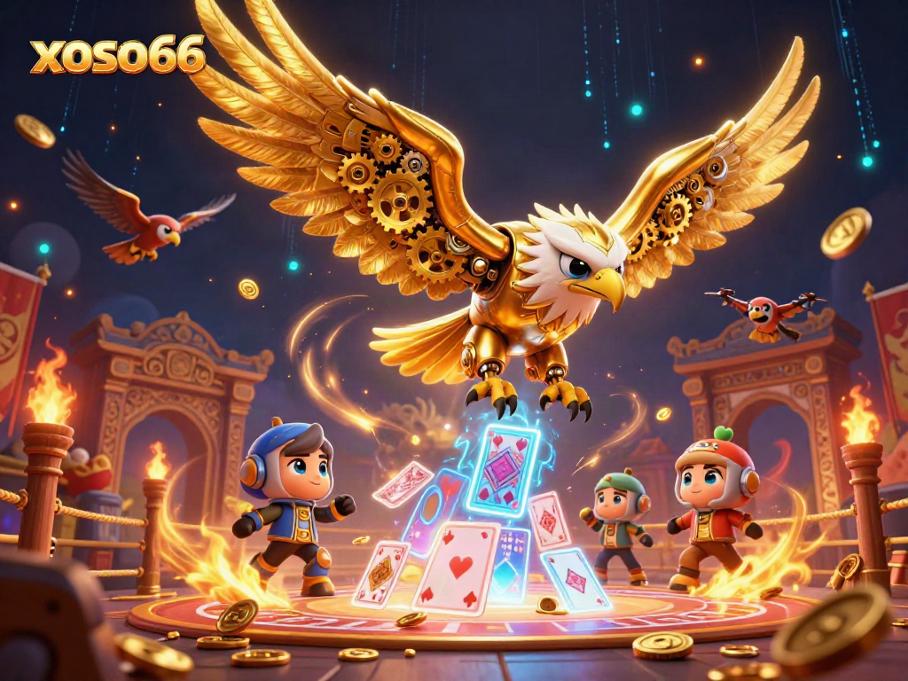 Xoso66 showcases a cybernetic eagle diving through holographic cards, embodying the excitement of online gambling.
