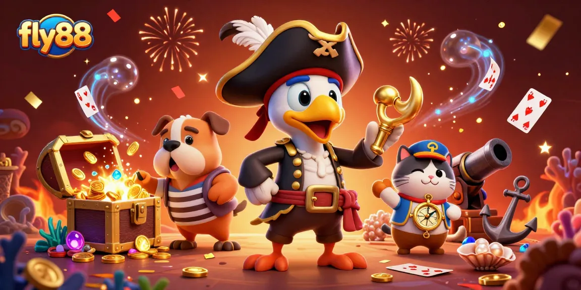 Join the adventure with fly88's 3D treasure hunt showcasing vibrant casino treasures and animated characters.