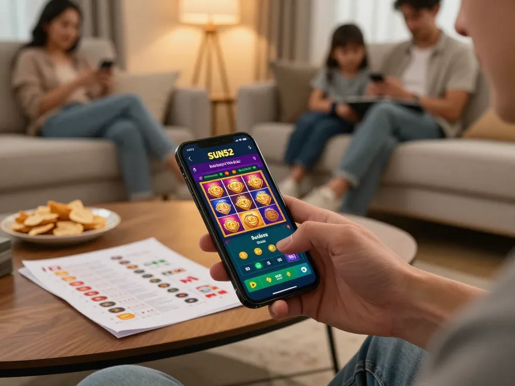 Tải Sun52 to enjoy dynamic mobile gaming with an engaging user interface in a cozy living room.