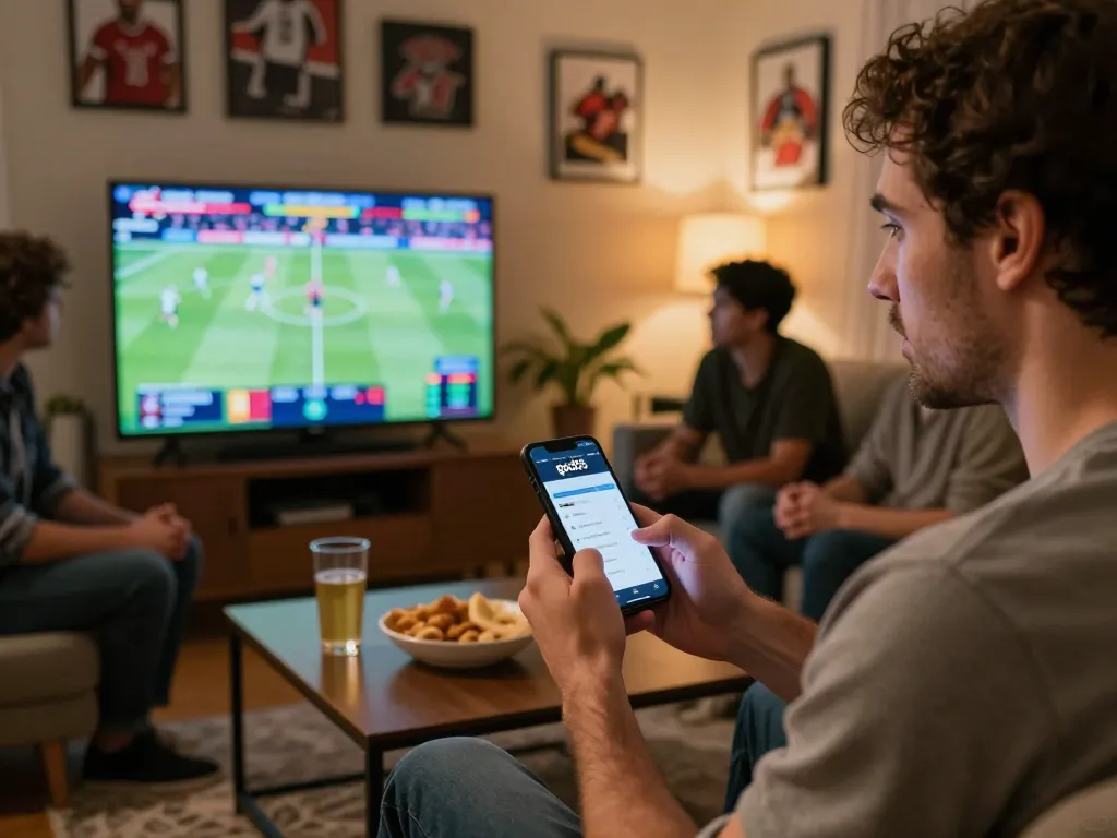 Engaged bettor using god55 sports app during live events, surrounded by friends and snacks.