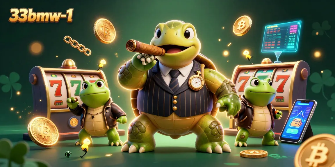 Experience the vibrant energy of 33bmw-1 casino with a cartoon turtle, bullfrog enforcers, and dynamic slot elements.
