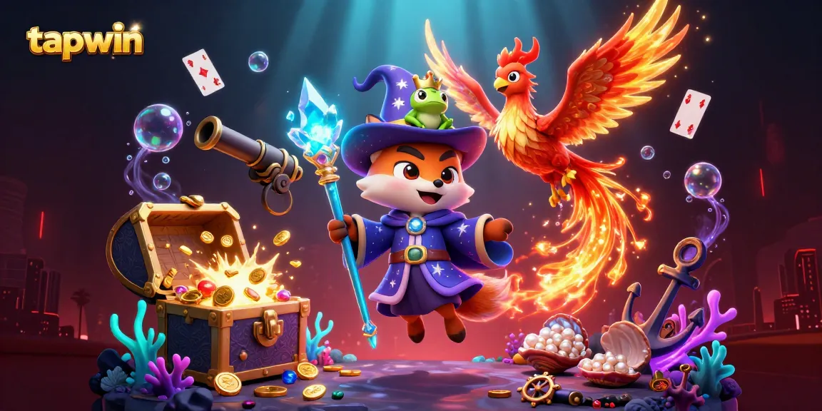 Experience thrill with tapwin, featuring a wizard fox, phoenix, and treasure amidst casino excitement.