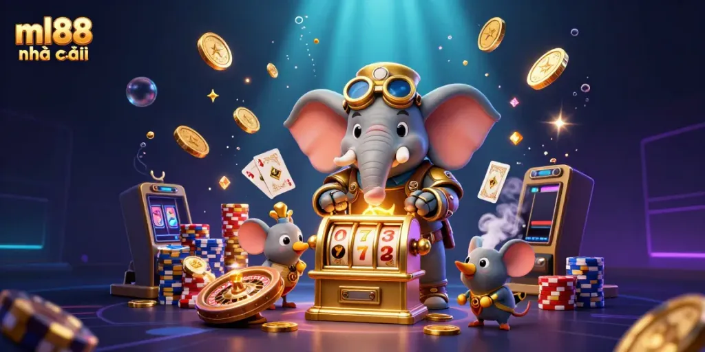 Experience the excitement of ml88 nhà cái with a vibrant 3D illustration showcasing a winning slot machine setup.