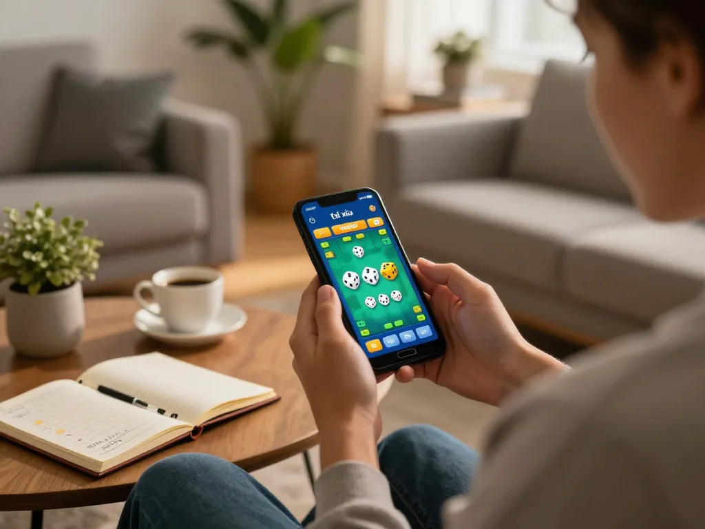 Engaging in gameplay with the app tài xỉu online on a smartphone, showcasing strategy notes in a cozy home setup.