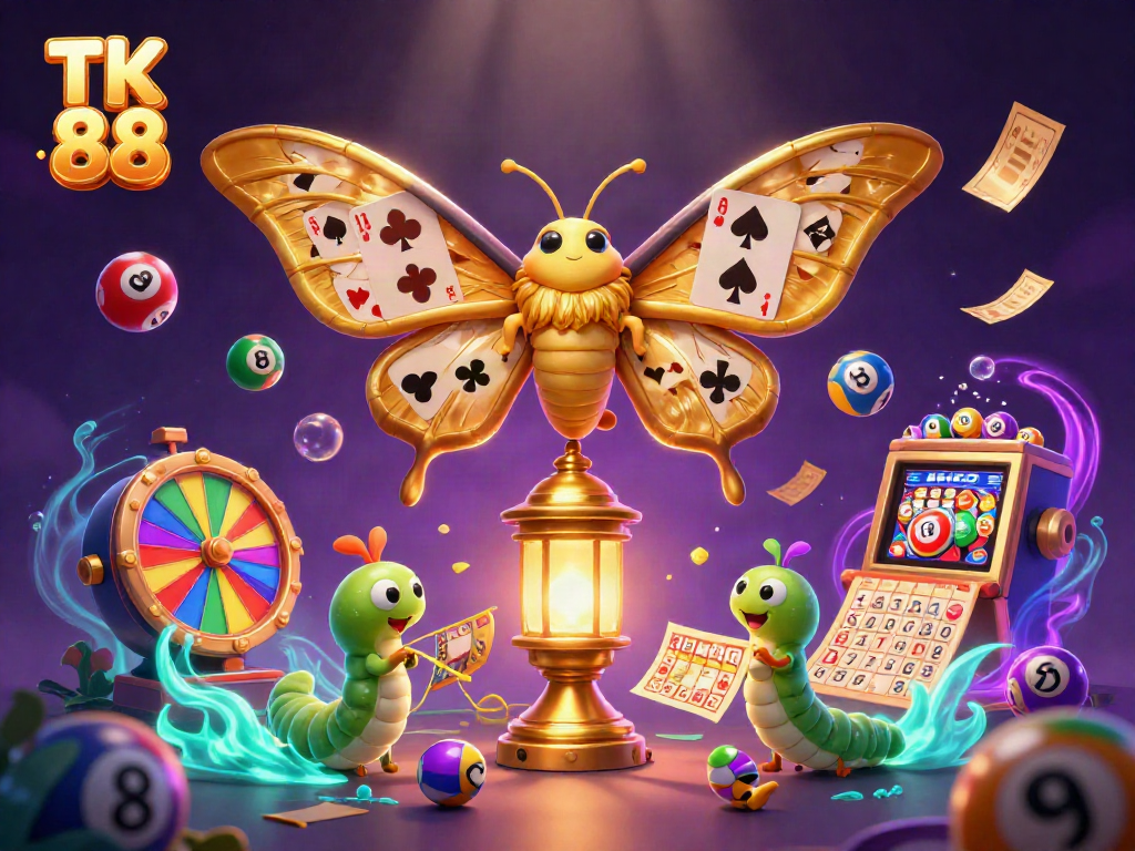 Experience the dynamic world of TK 88 with vibrant lottery elements and casino motifs.
