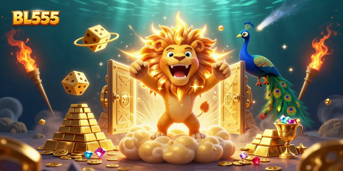 Experience excitement at BL555, where a 3D lion roars amidst golden treasures in a vibrant casino scene.