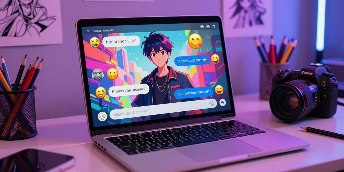 Dynamic scene showcasing ai ecchi chat interaction on a laptop with colorful anime character.