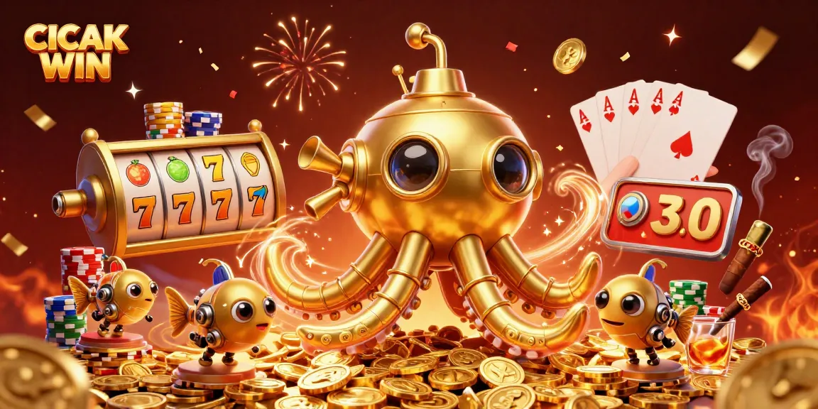 Players experience exciting wins as the golden kraken submarine emerges amidst golden coins and slot reels in CICAK WIN.