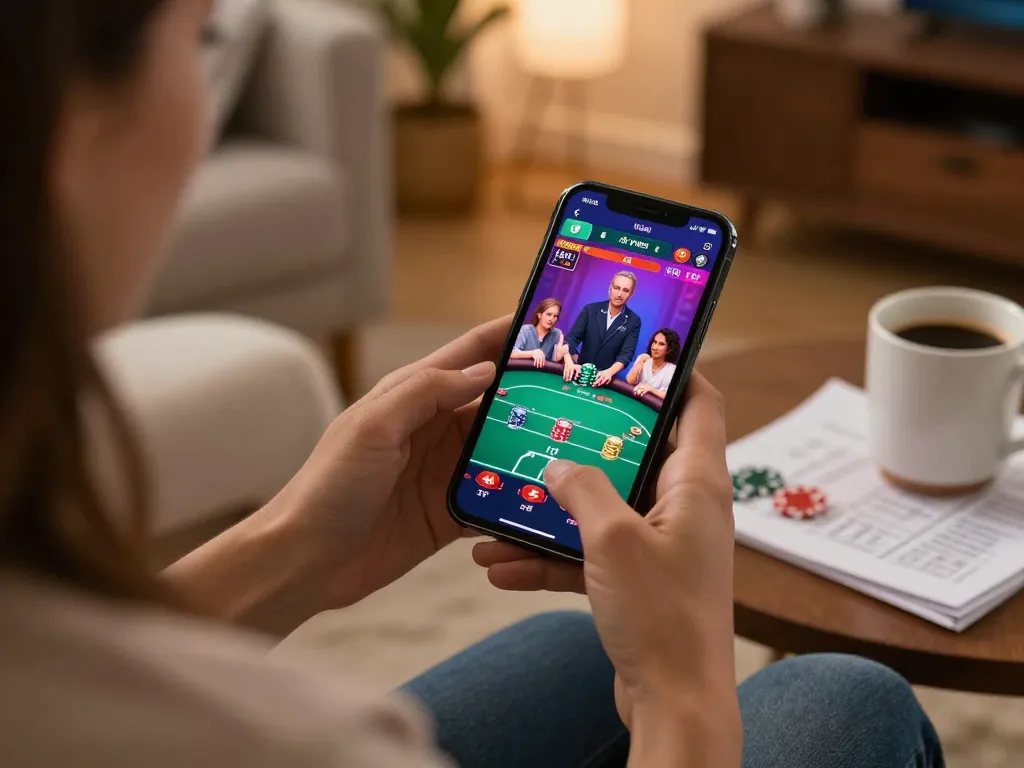 Engaging poker action on lc888 app, showing user strategizing at home with cozy setup